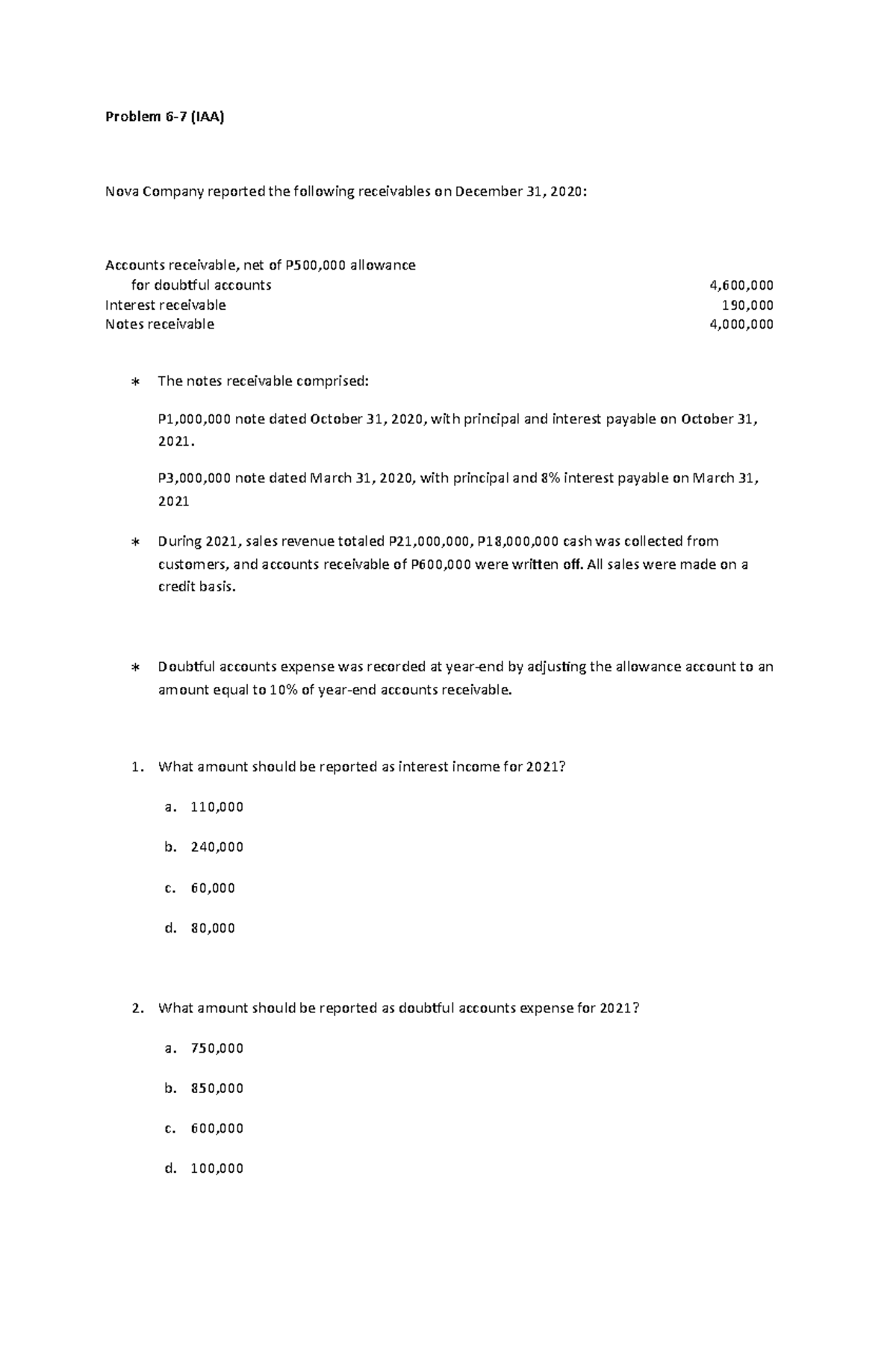 Ia Test Bank.docx - Problem 6-7 (iaa) Nova Company Reported The 