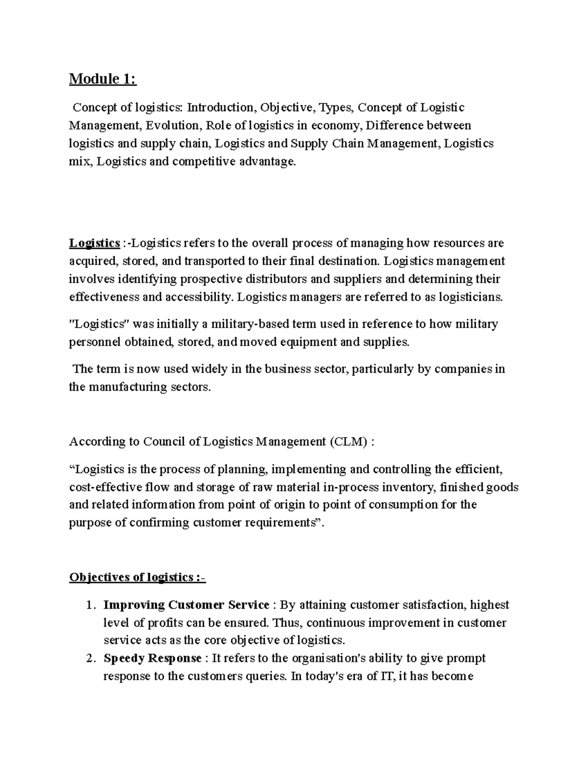 Concept of logistics - class work - Module 1: Concept of logistics ...