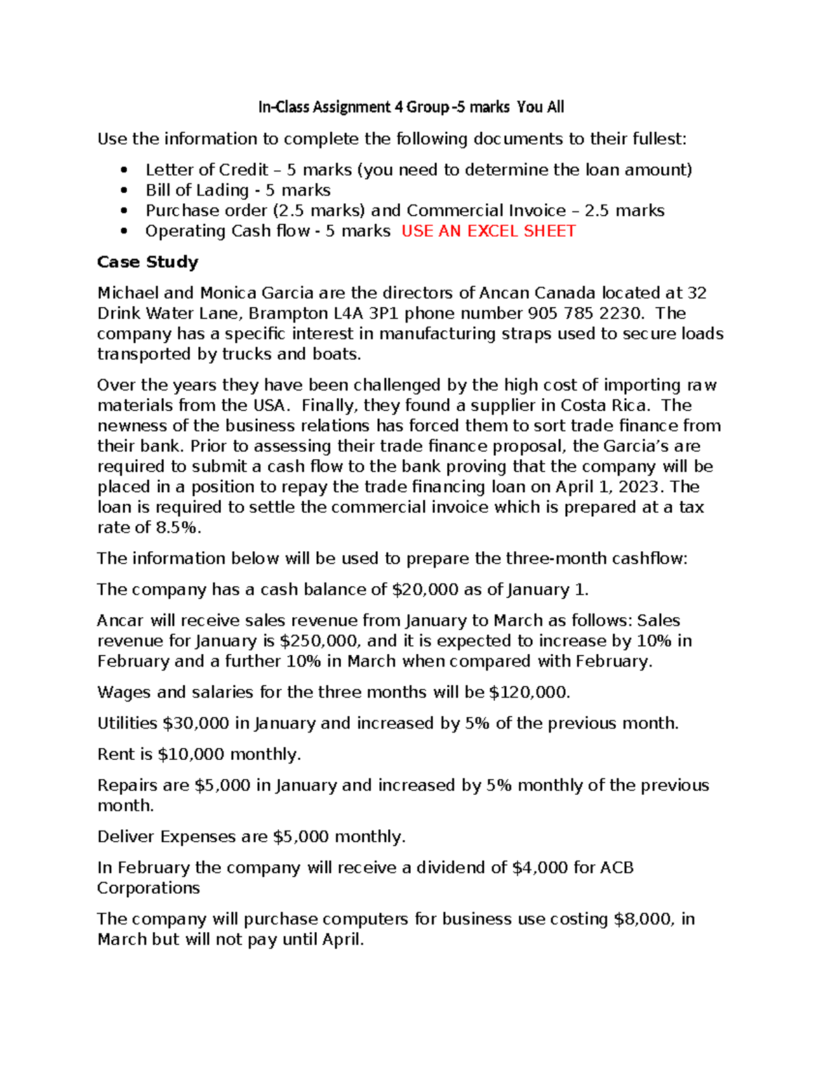 Assignment #4 CASE Study Group - In-Class Assignment 4 Group -5 marks ...