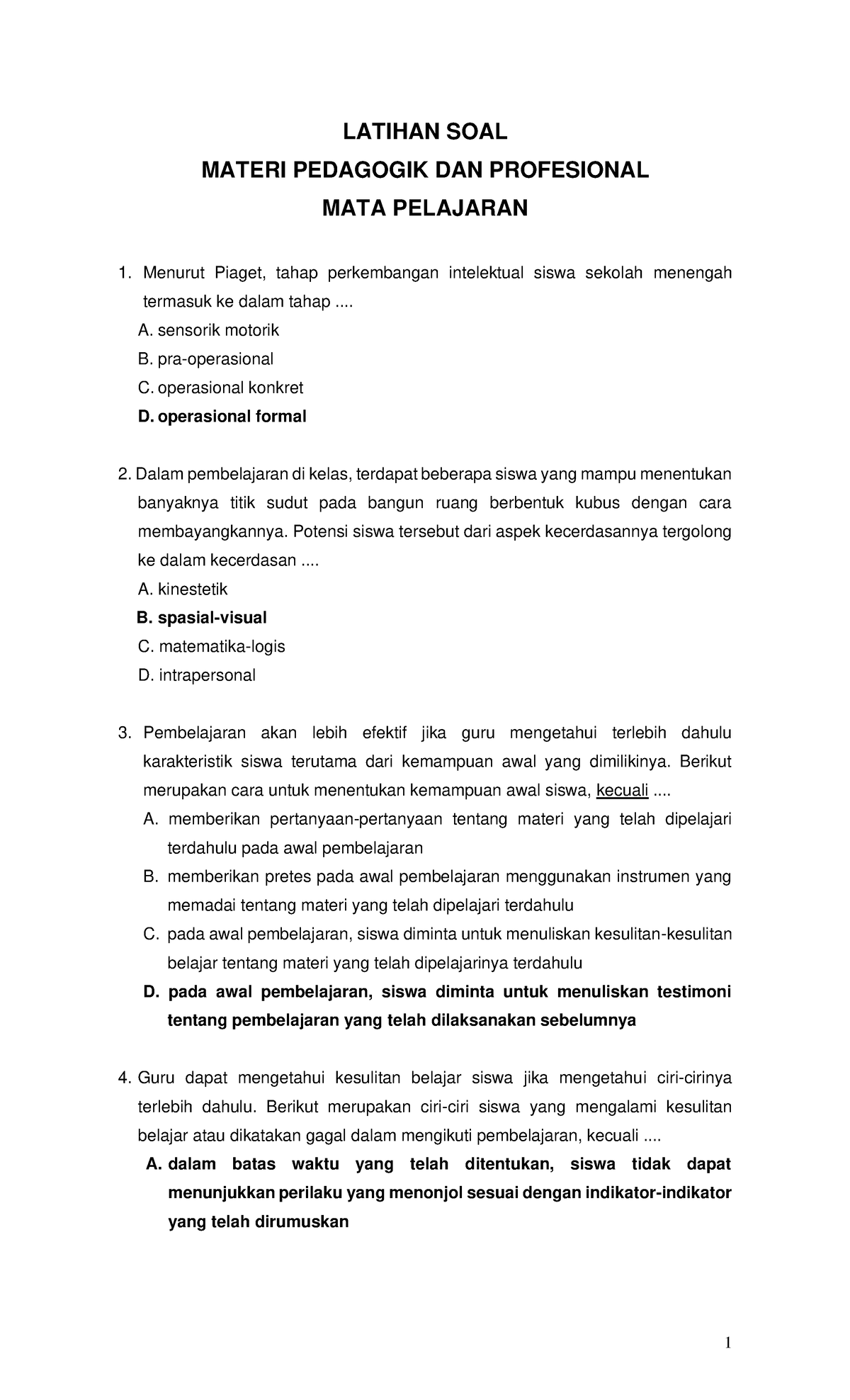 4. Latihan SOAL Pedagogik (Kunci) - LATIHAN SOAL MATERI PEDAGOGIK DAN ...