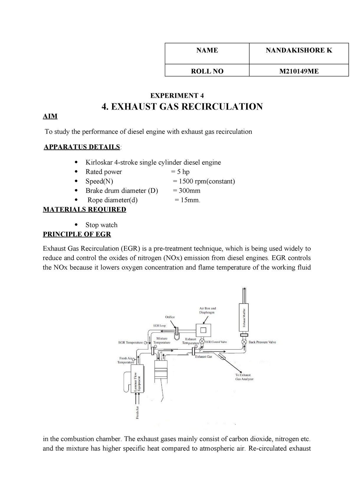 EGR - NAME NANDAKISHORE K ROLL NO M210149ME EXPERIMENT 4 4. EXHAUST GAS ...