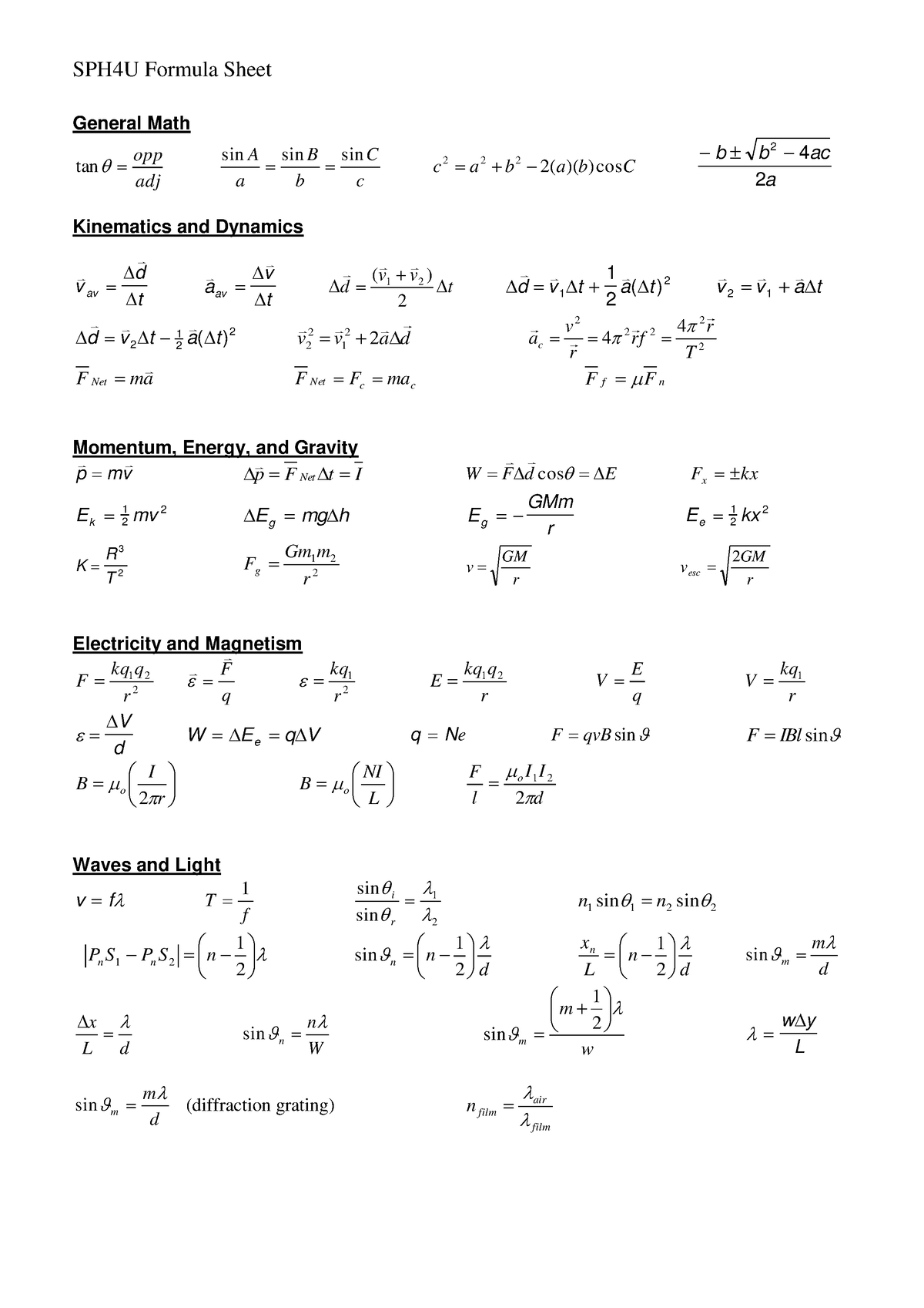 SPH4U Formula sheet - math - SPH4U Formula Sheet General Math adj opp ...