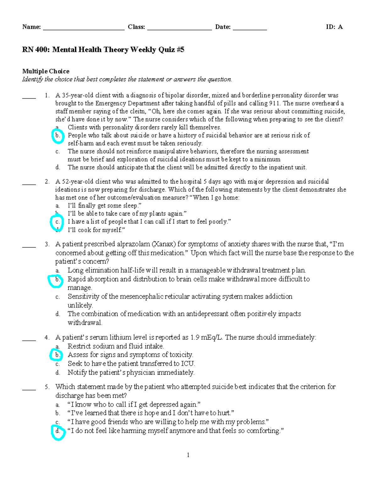 RN 400 Weekly Quiz 5 Mental Health quiz 5 Name