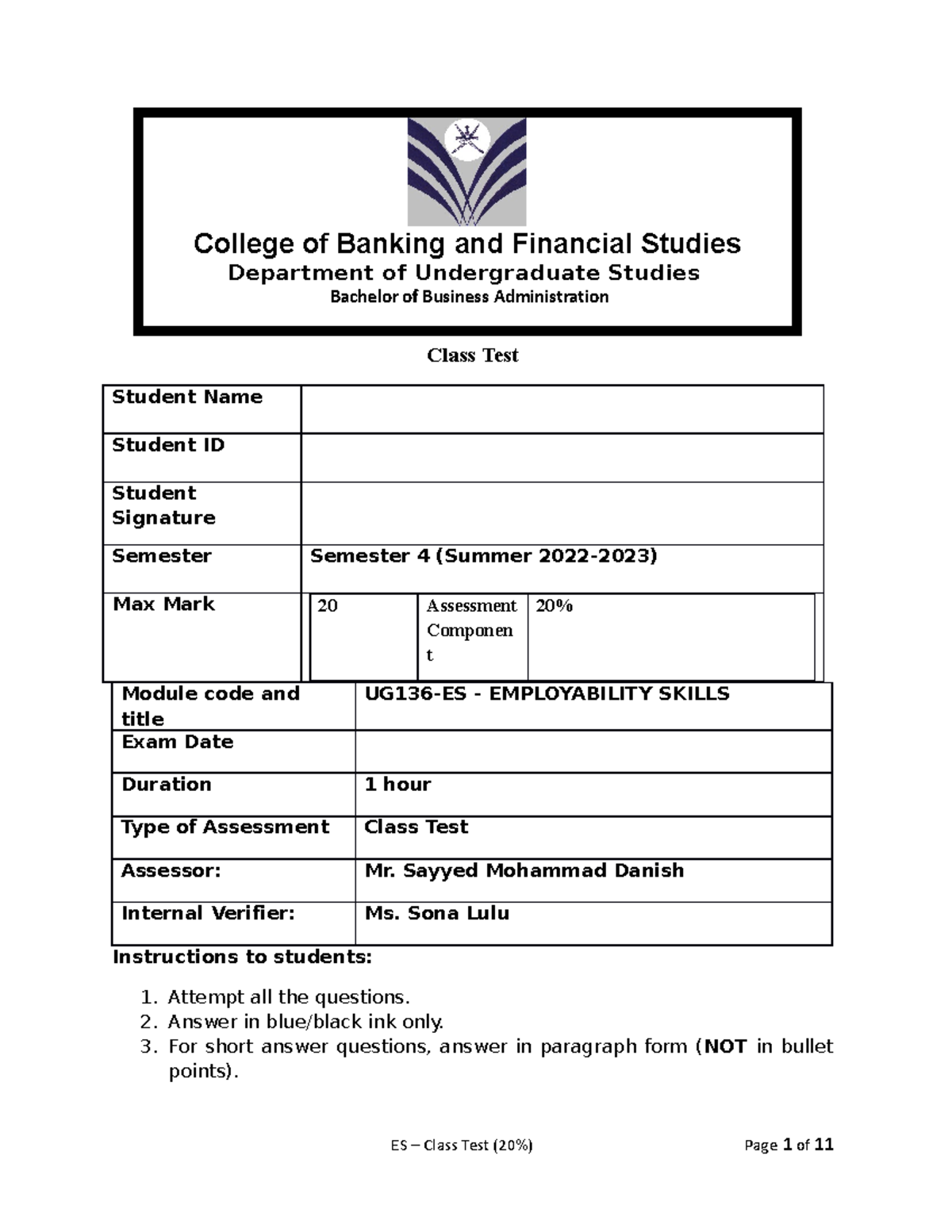 Class Test - ES - Course work - Class Test Student Name Student ID ...