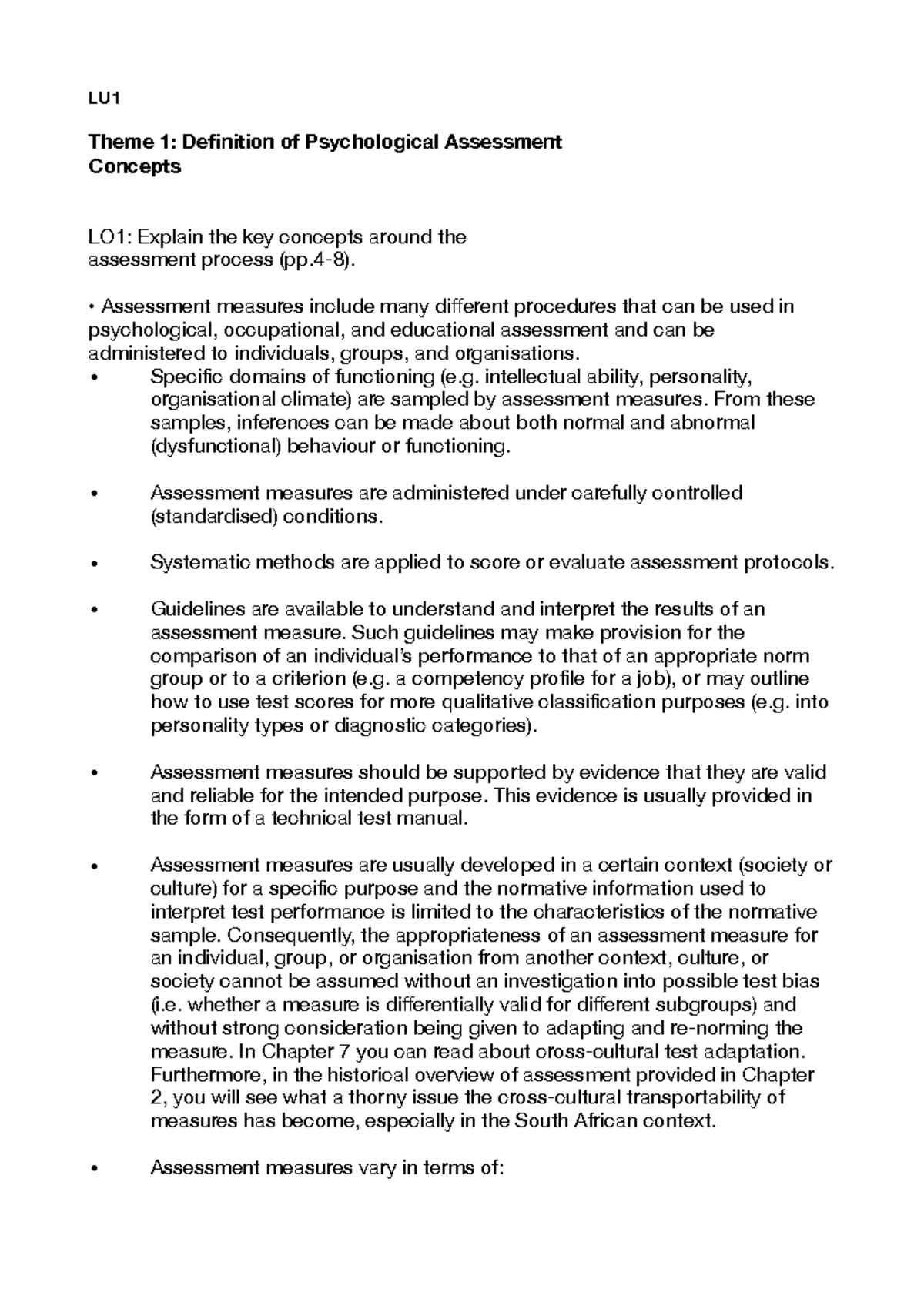 Psa notes - LU Theme 1: Definition of Psychological Assessment Concepts ...