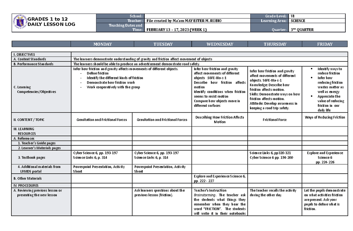 DLL Science 6 Q3 W1 - GRADES 1 to 12 DAILY LESSON LOG School: Grade ...