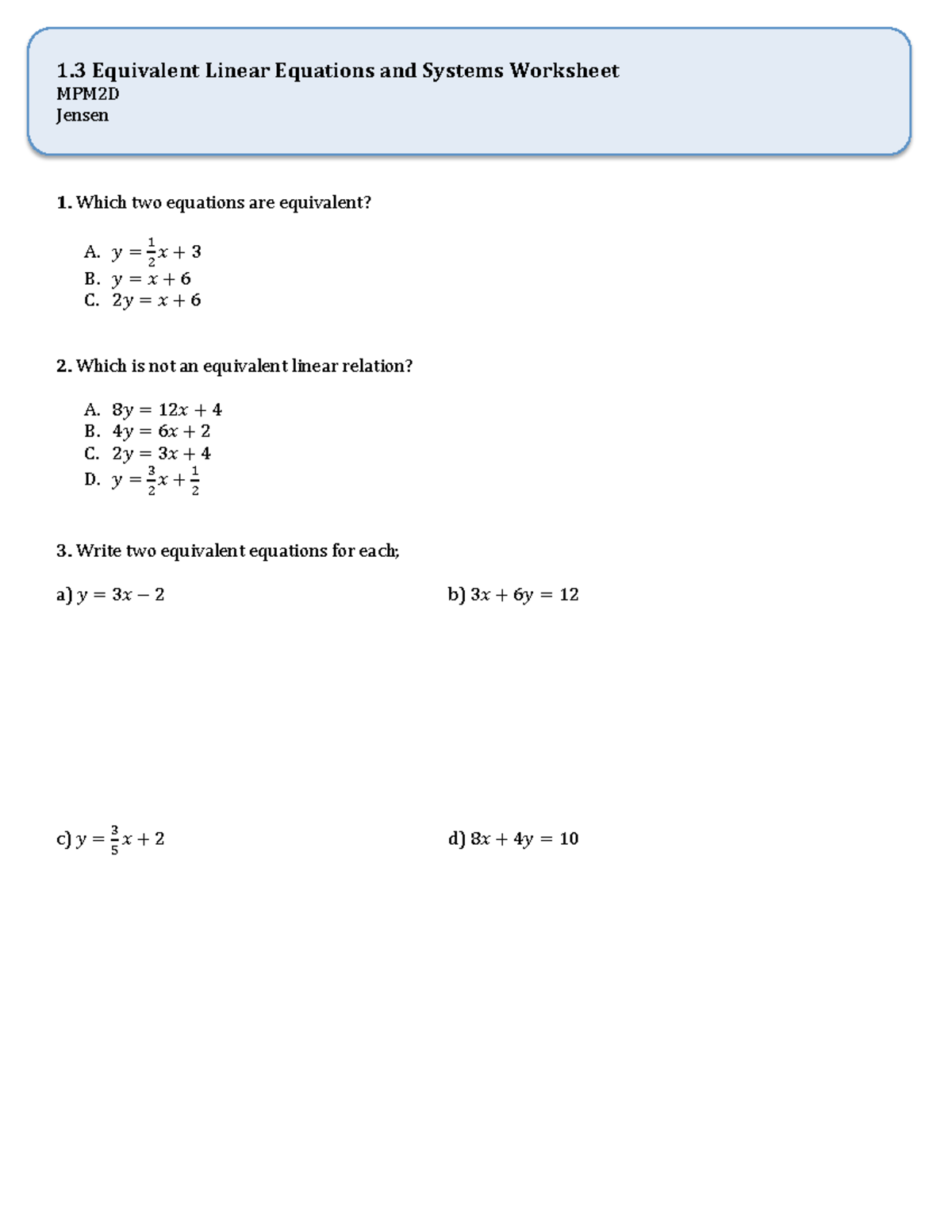 1.3 worksheet - math wrksheet - 1 Equivalent Linear Equations and ...