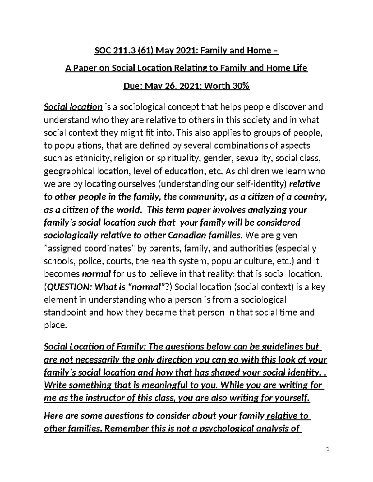SOC 211.3 (61) Term Paper Assignment Social Location Option May 2021 ...