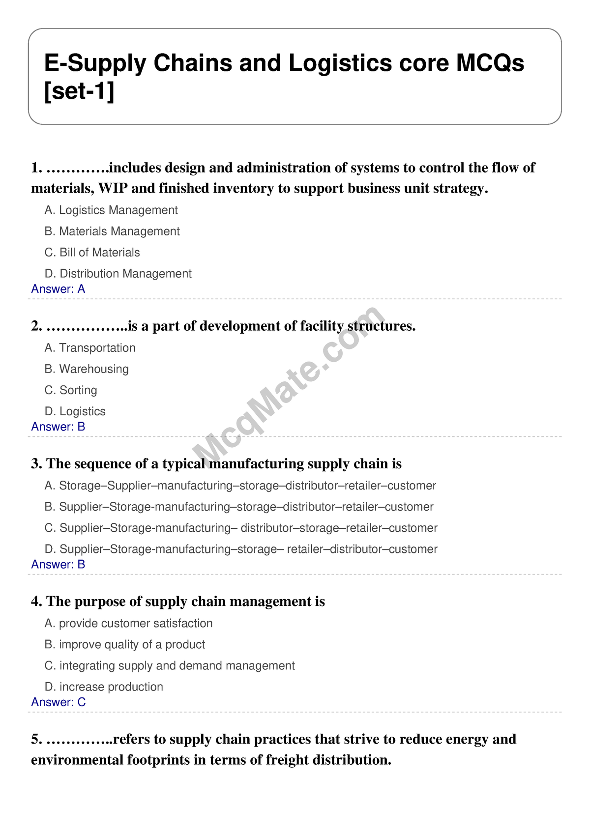 E-supply-chains-and-logistics-core-set-1 (mcqmate - McqMate E-Supply ...