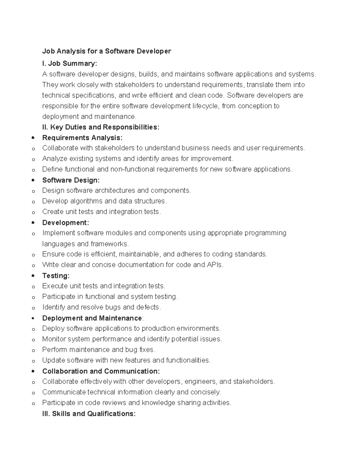 Job Analysis for a Software Developer - Job Summary: A software ...