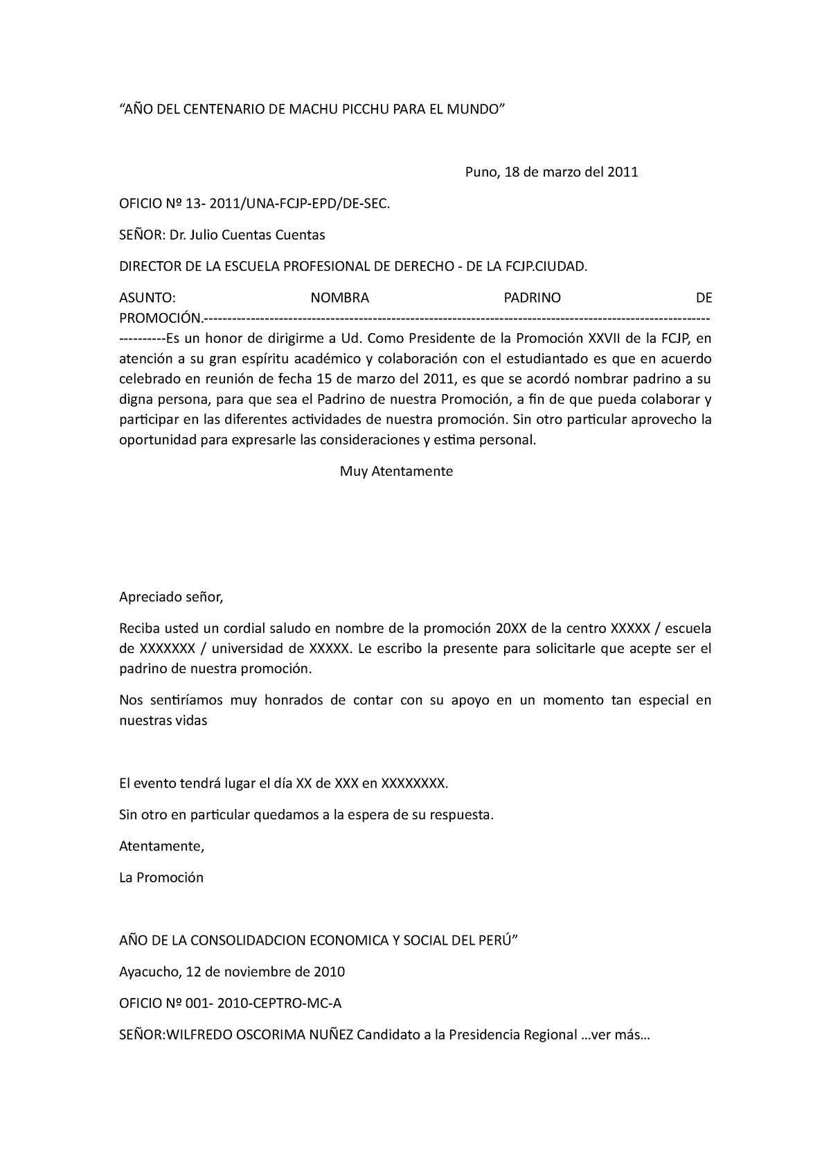 Modelo Oficio Carta De Invitacion De Graduacion Para Rectorado “aÑo Del Centenario De Machu 4441