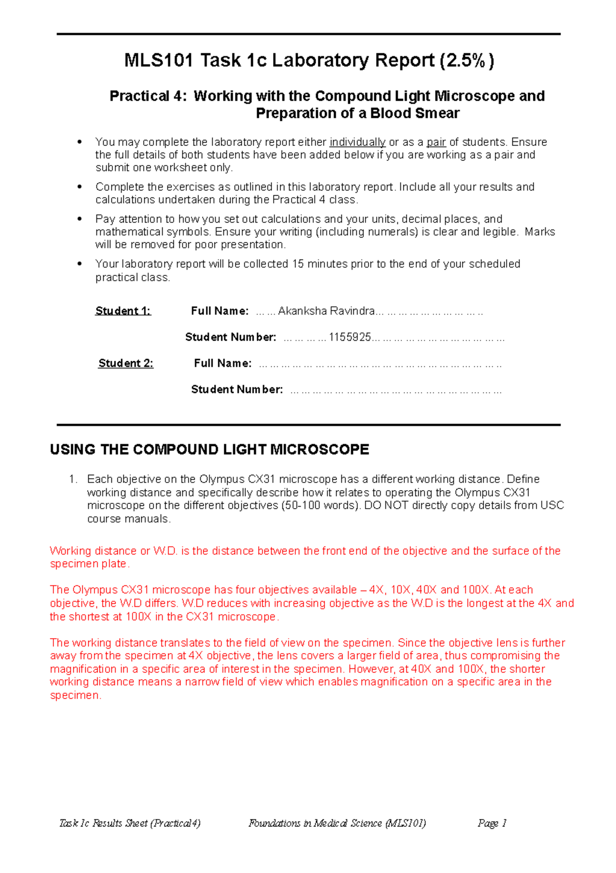 MLS101 Task 1c Results Sheet Prac 4 2023 - MLS101 Task 1c Laboratory ...