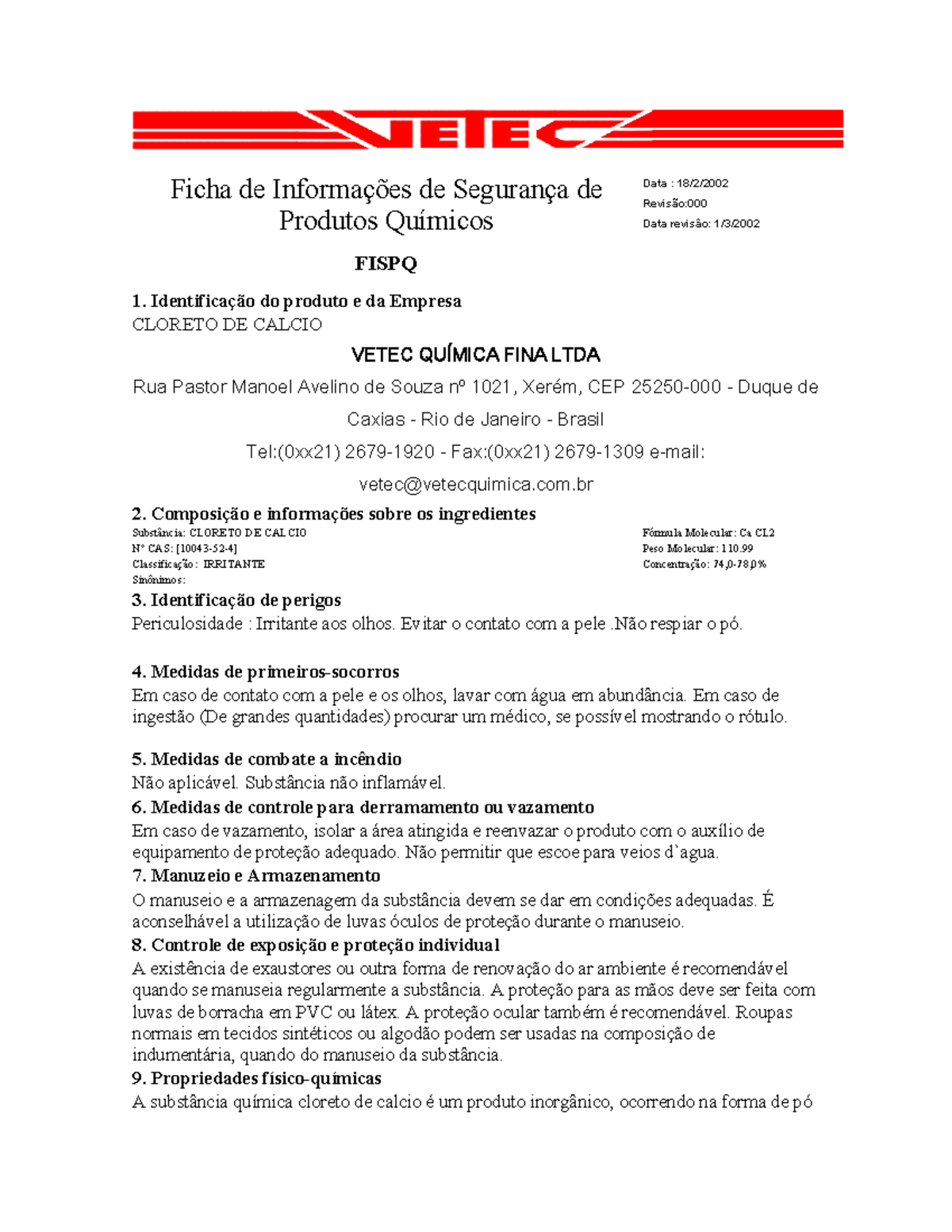 Fispq Cloreto De Calcio - Ficha De Informações De Segurança De Produtos ...