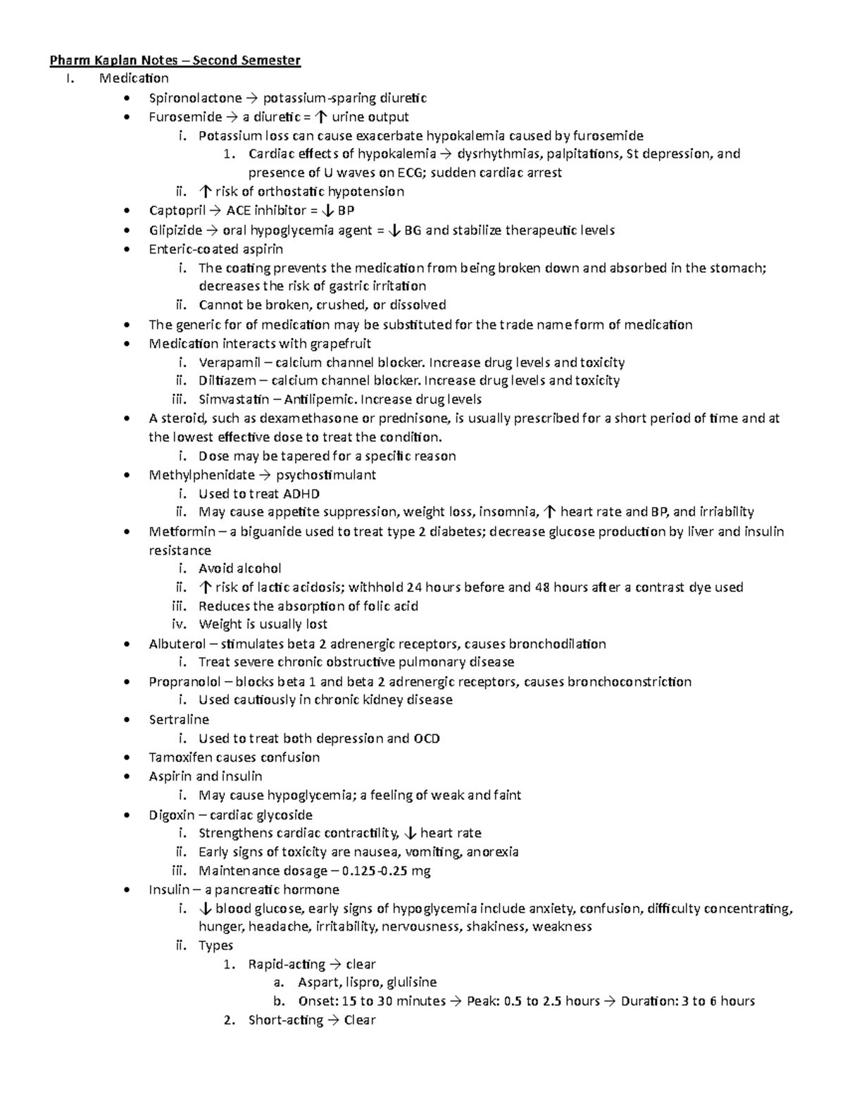 Pharm Kaplan Notes - Medication - Spironolactone → potassium-sparing ...