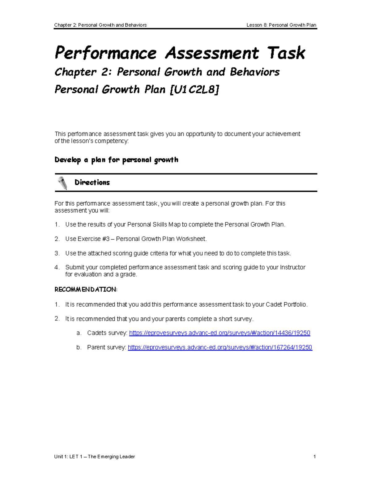 U1C2L8A5 Performance Assessment Task - Chapter 2: Personal Growth and ...
