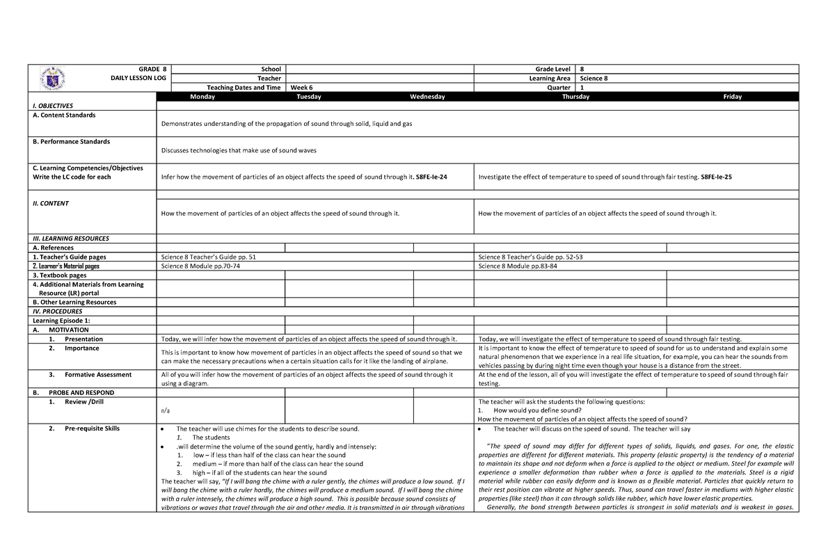 Dll-science-8-q1-week6 compress - GRADE 8 DAILY LESSON LOG School Grade ...