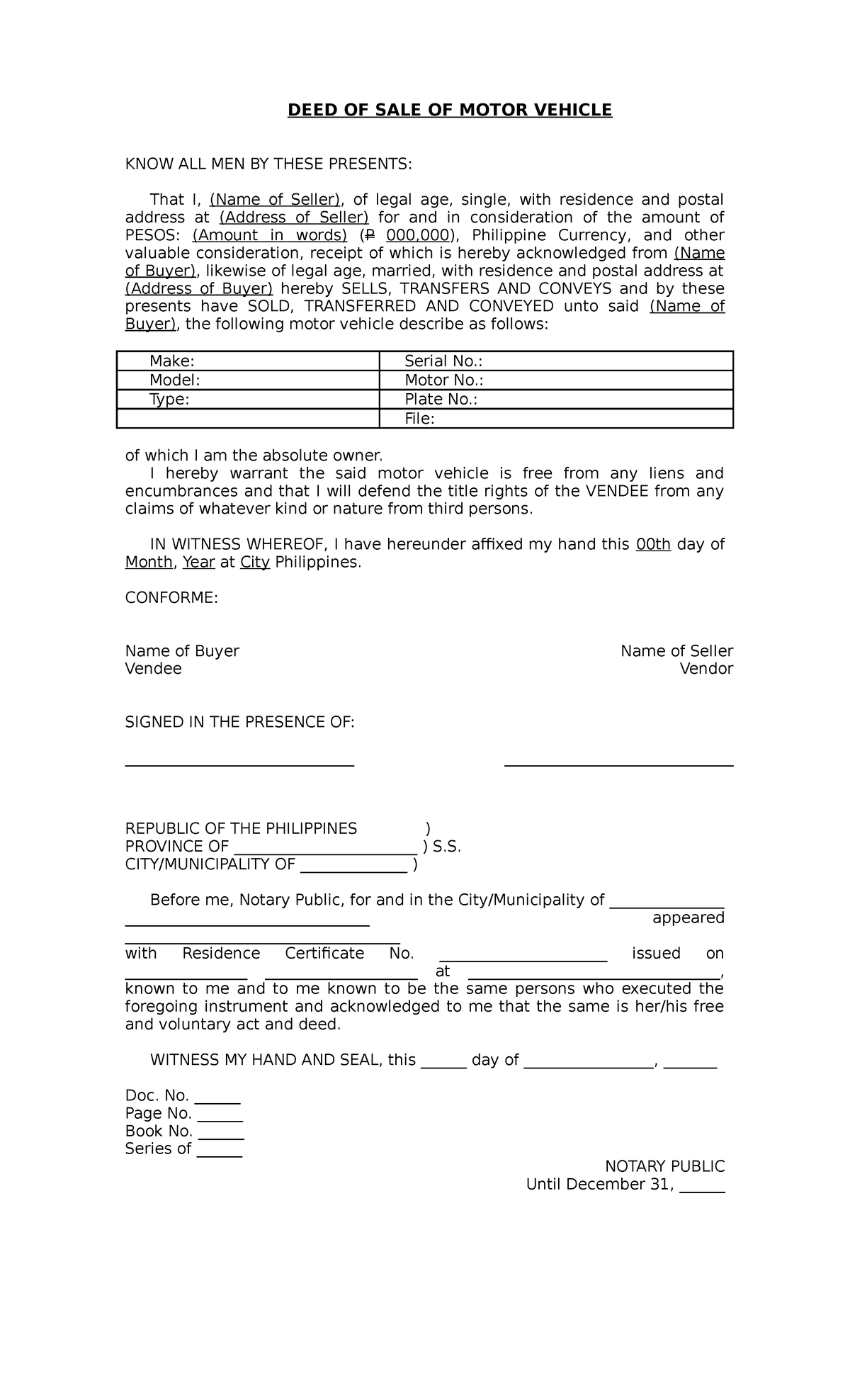 Deed Of Sale Of Motor Vehicle Philippines Word Format Printable Form