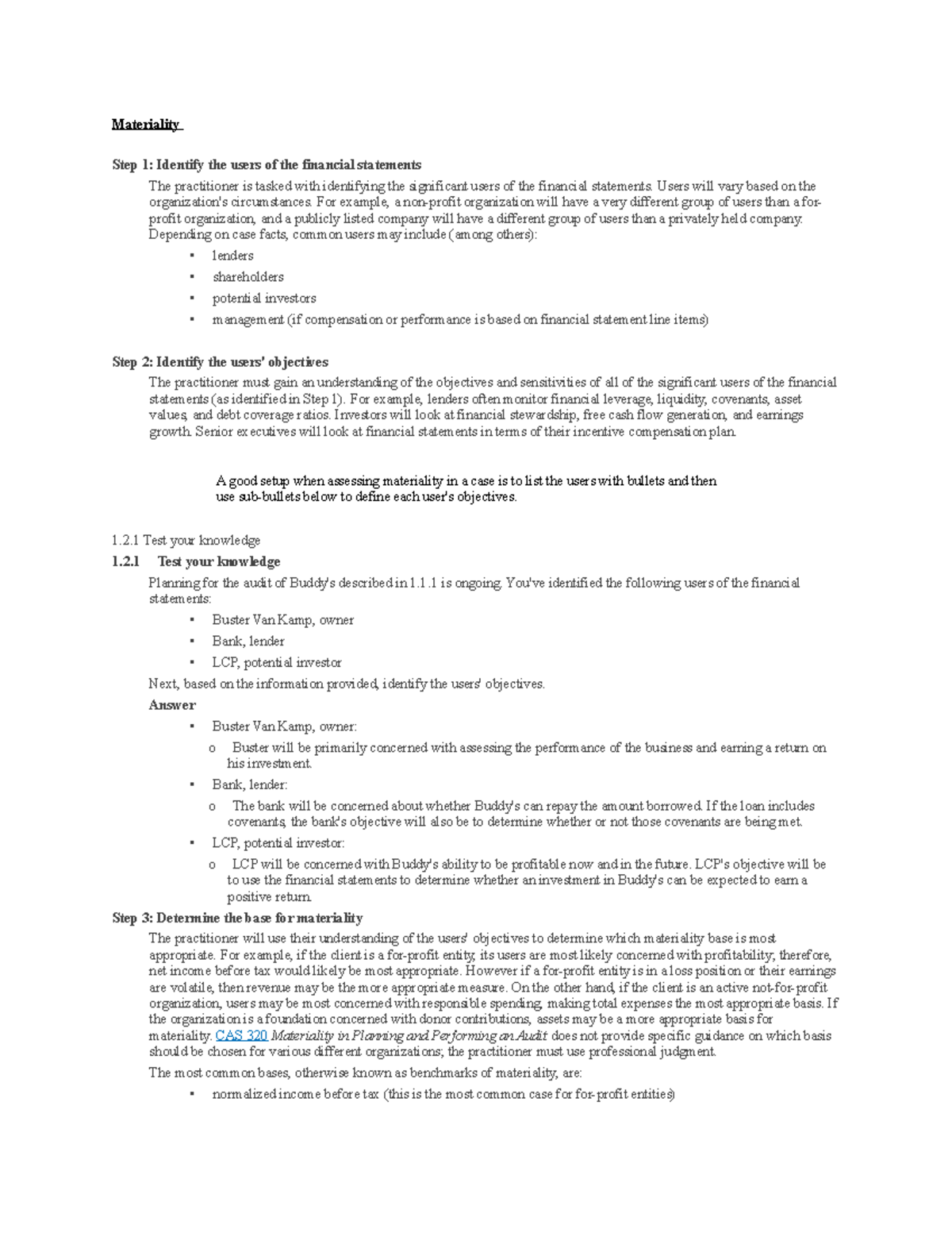 Audit Notes - Materiality Step 1: Identify the users of the financial ...