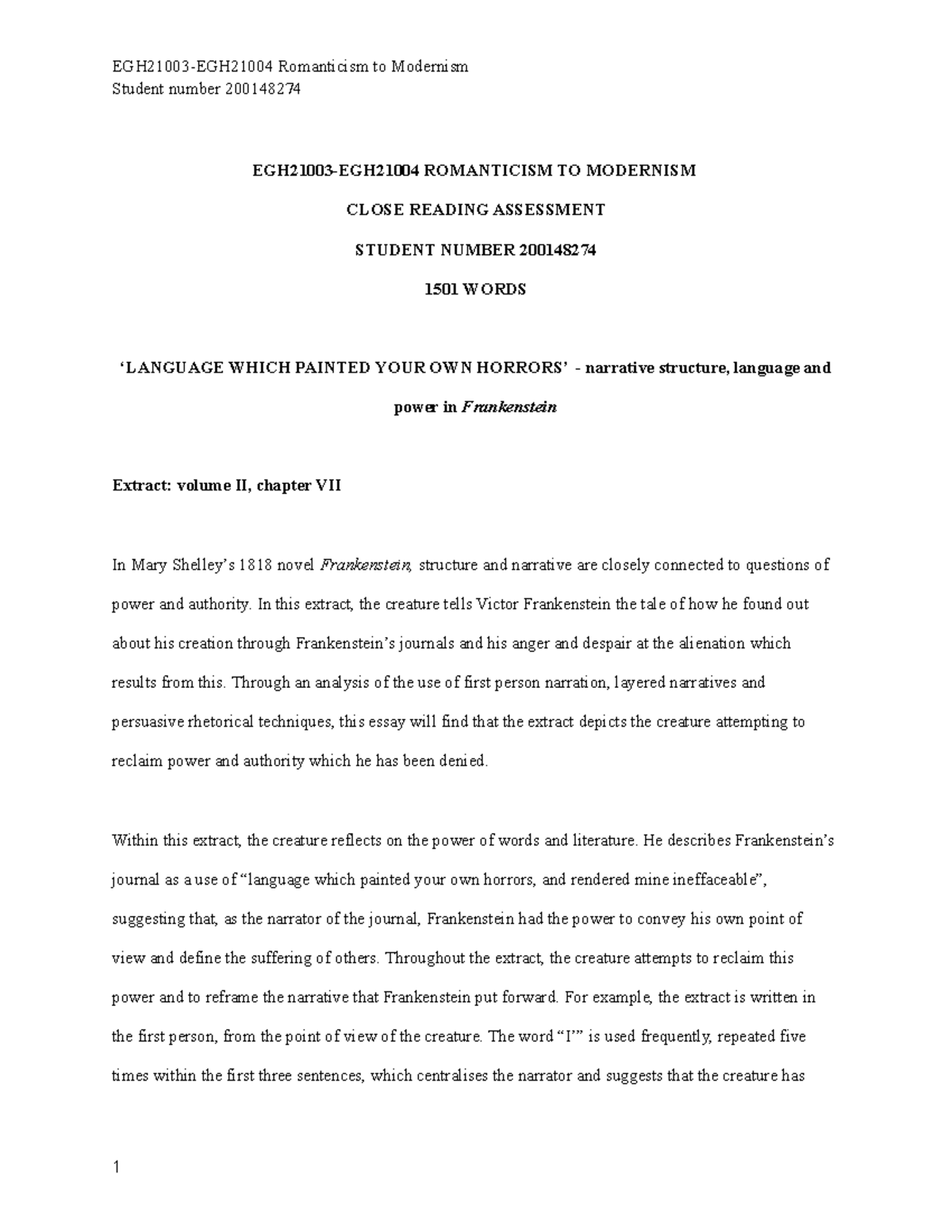 Close reading 2001 48274 - Student number 200148274 EGH21003-EGH21004 ...