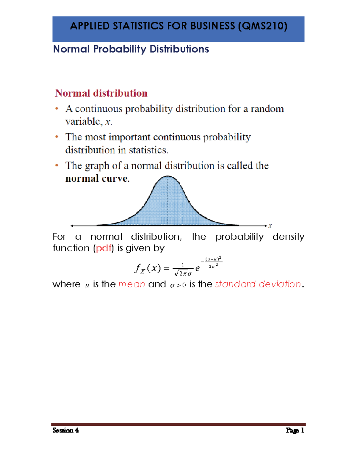 QMS210 Session 4 - week 4 - Normal Probability Distributions For a ...