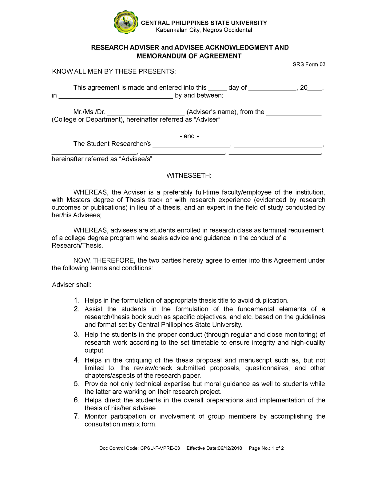 SRS form 01 appointing research advisers - CENTRAL PHILIPPINES STATE ...