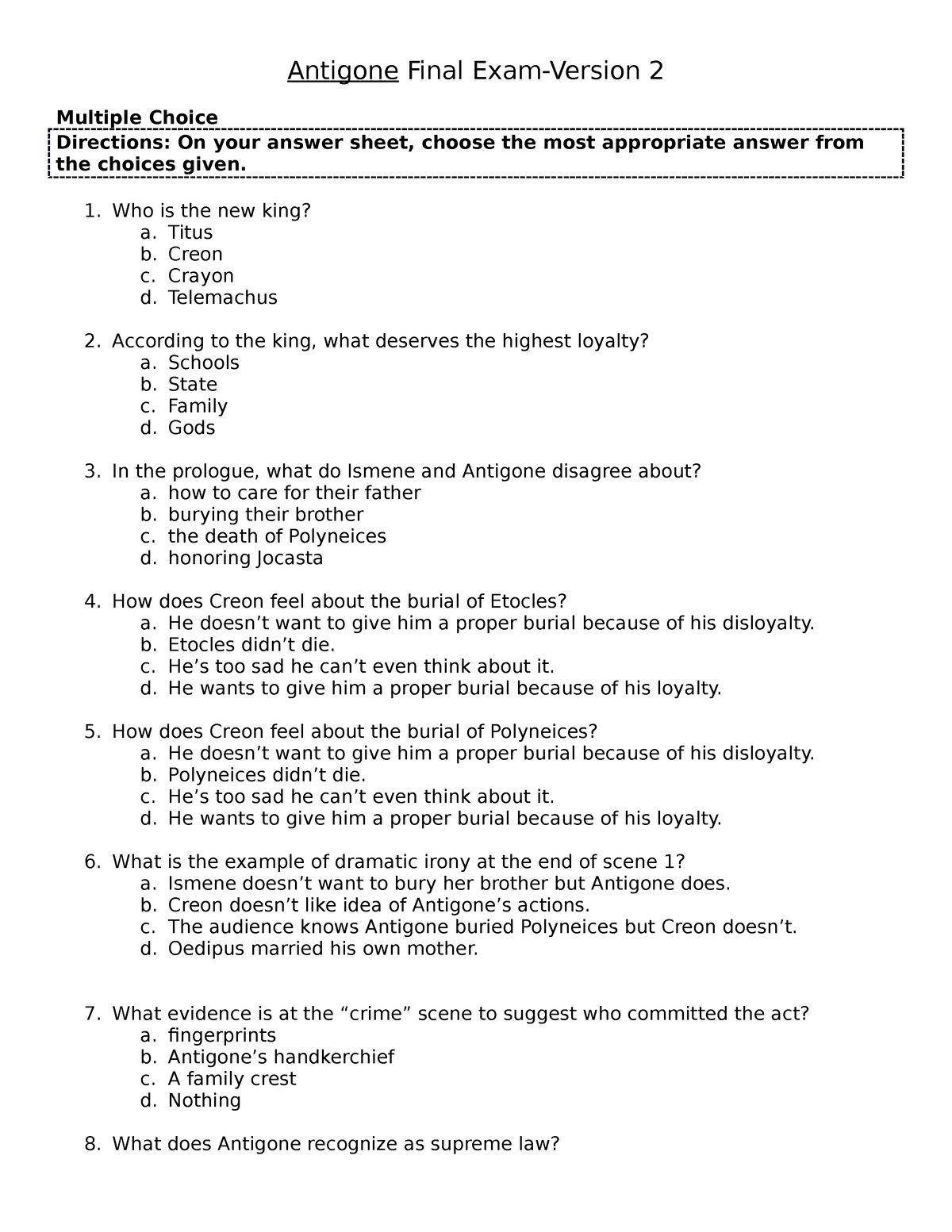 Antigone Quizzes & Final Exam - Scenes 1-5 with Answer Key