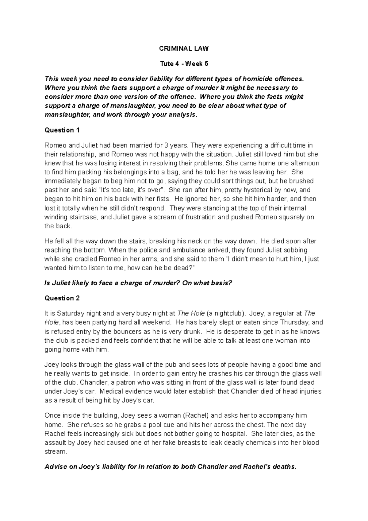 Tutorial 4 Week 5 - CRIMINAL LAW Tute 4 - Week 5 This week you need to ...