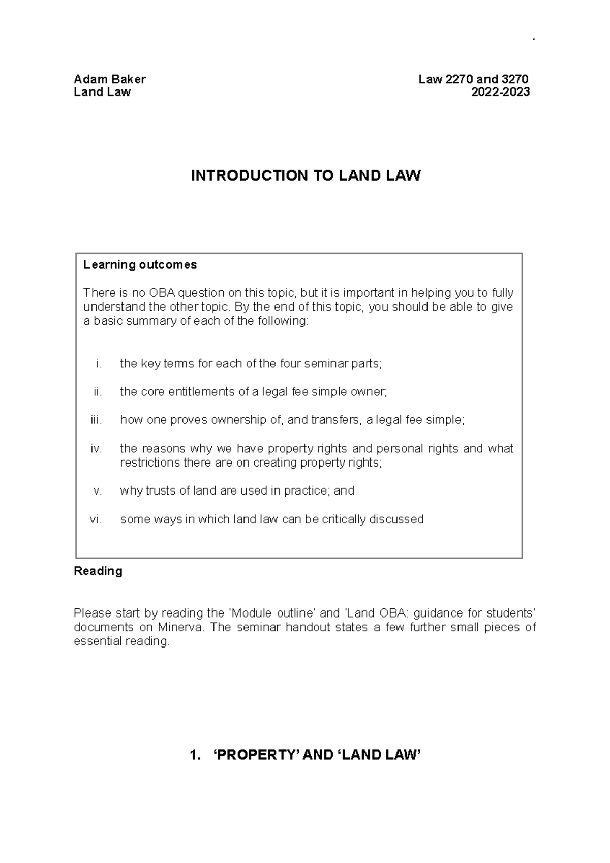 Land 1 (Introduction to Land Law) Handout (2022) Adam Baker Law