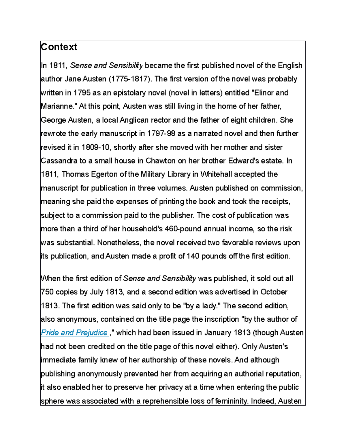 Summary Sense and Sensibility 4 - Context In 1811, Sense and ...