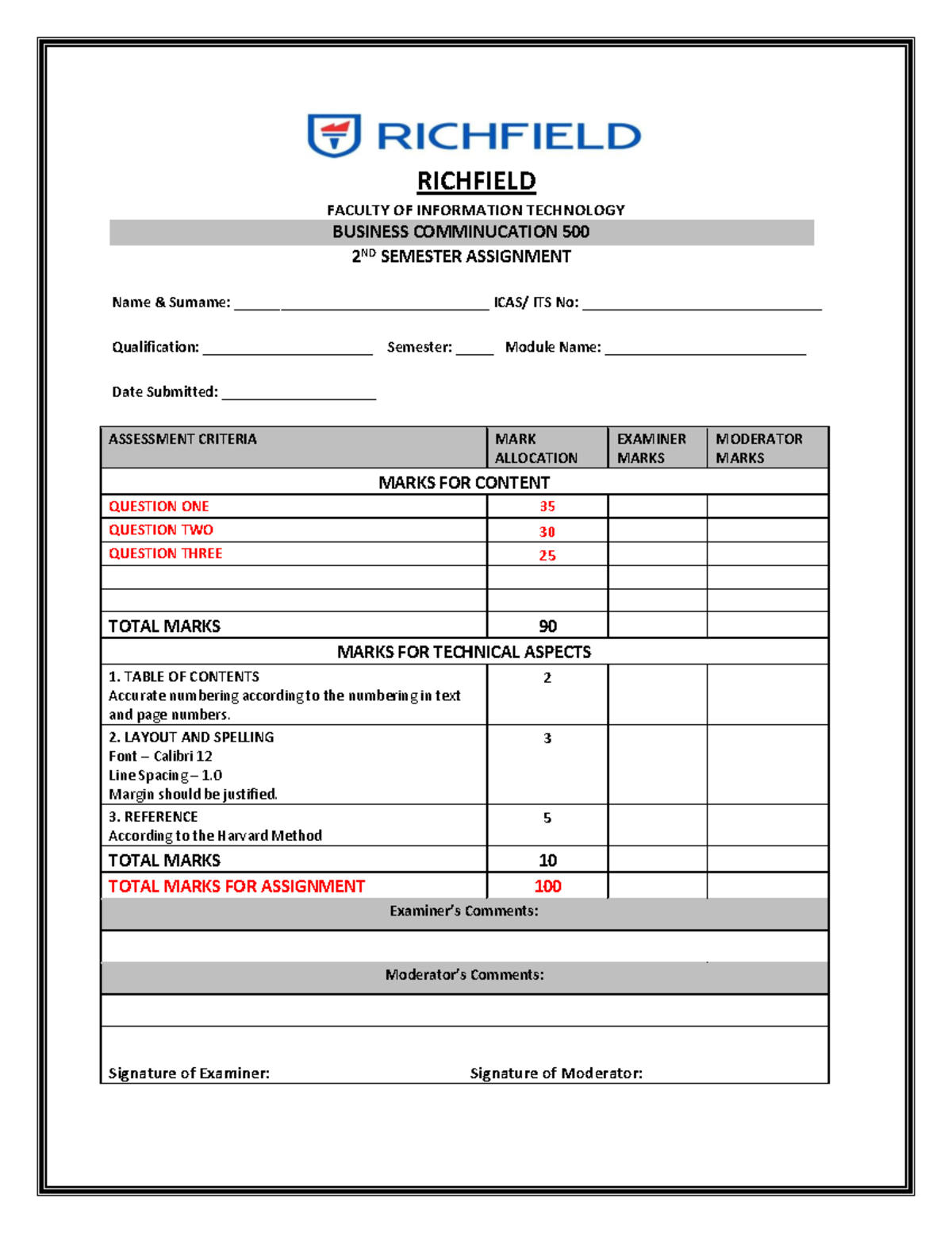 Business Communication 500 assignment - RICHFIELD FACULTY OF ...