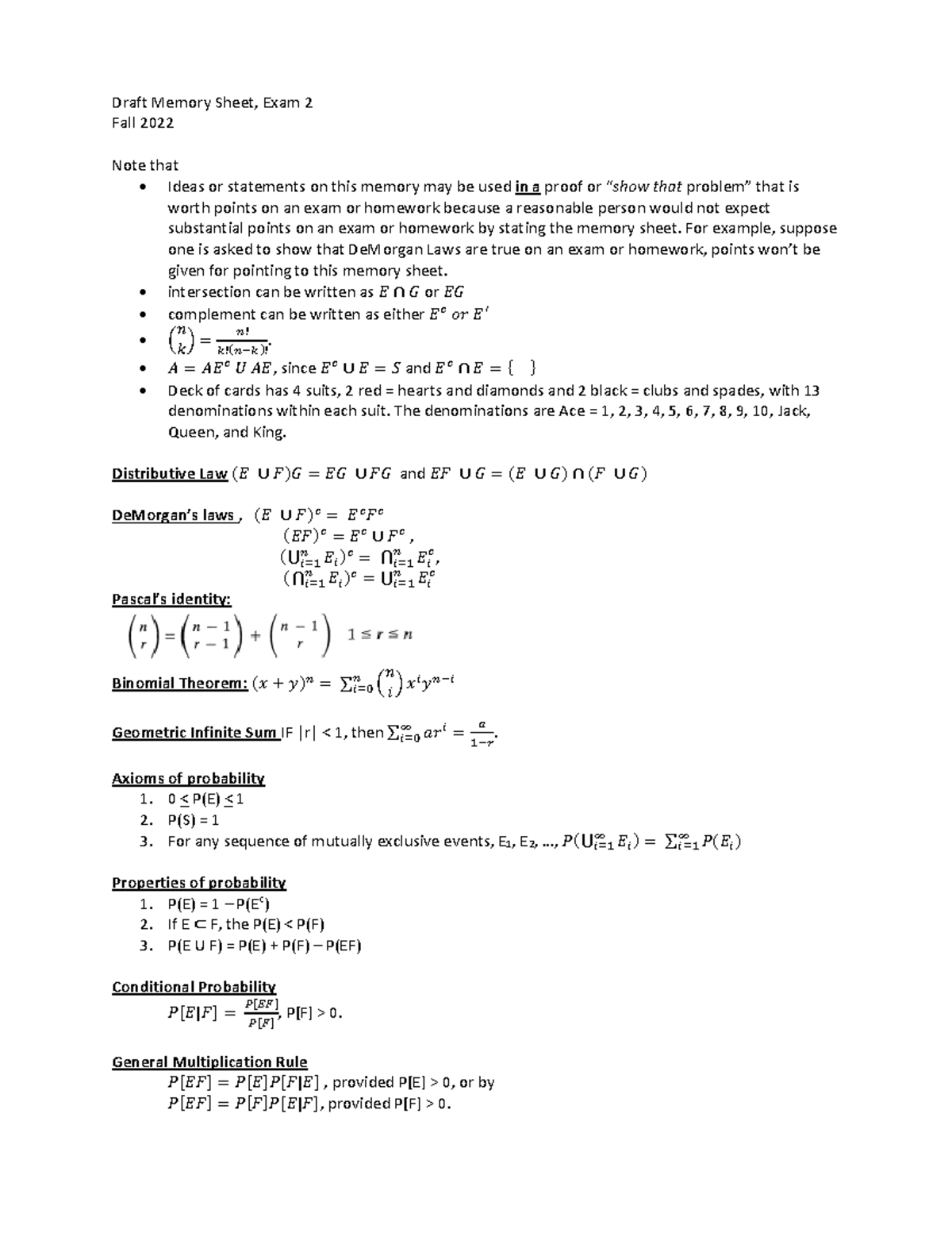 Draft Memory Sheet Exam 2 - For example, suppose one is asked to show ...