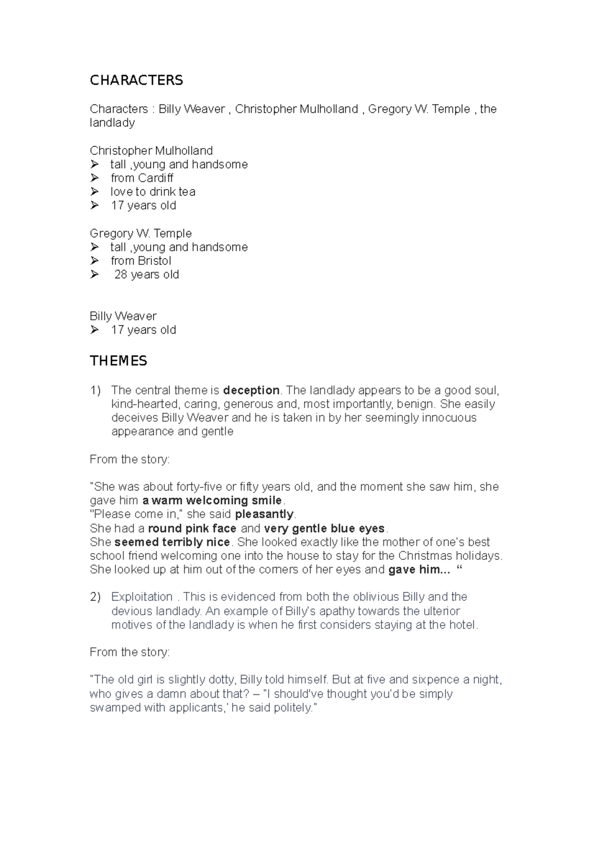 THE Landlady Discuss CHARACTERS Characters Billy Weaver