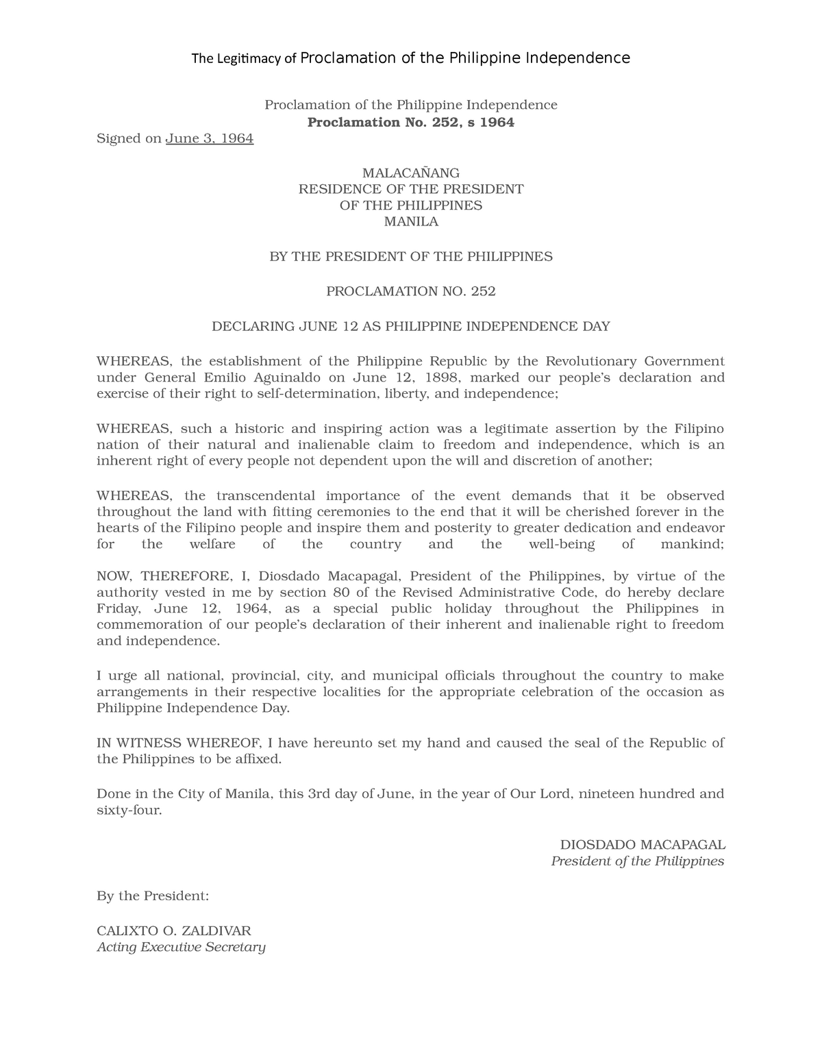 The Legitimacy of the Proclamation of the Philippine Independence StuDocu