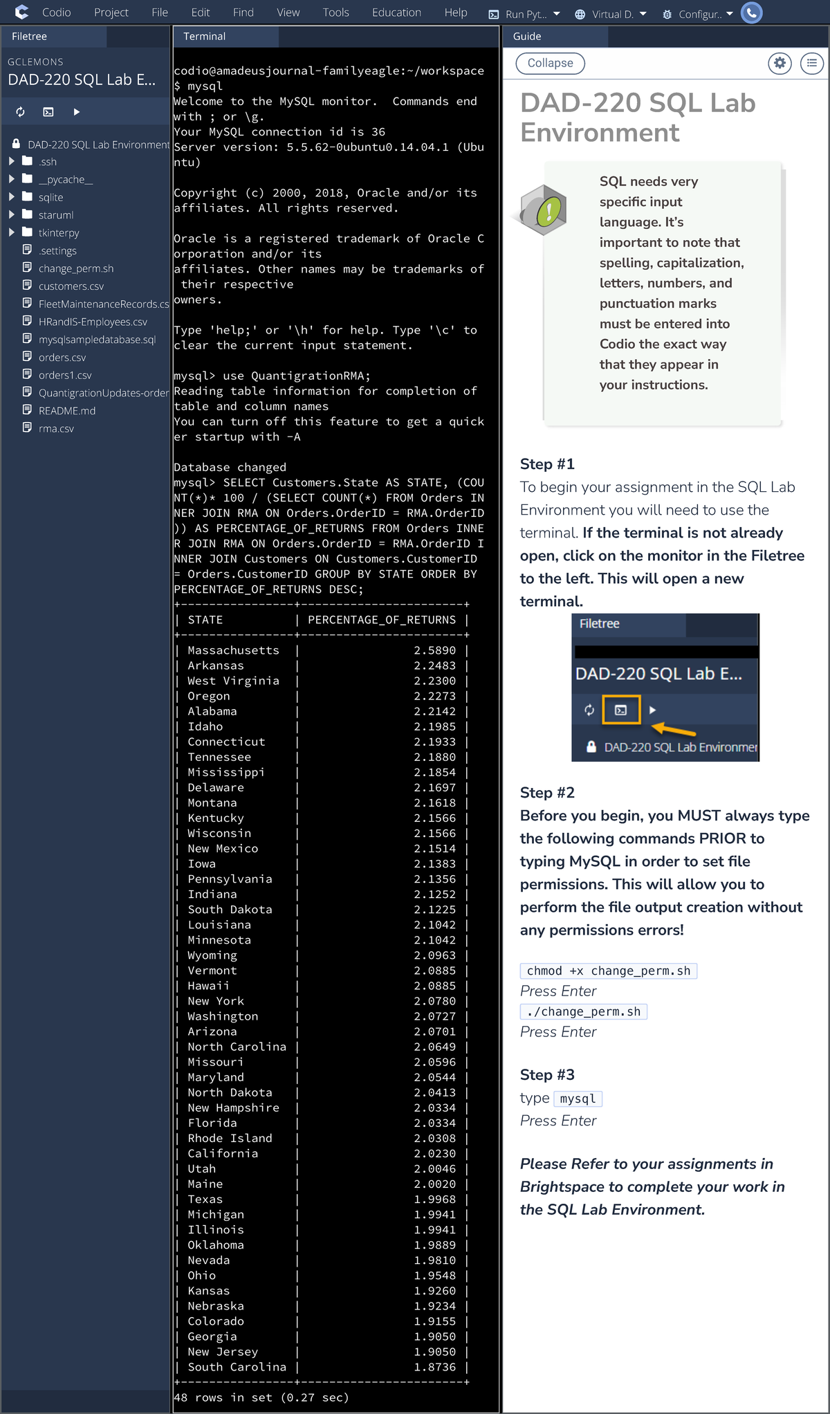 Codio - DAD-220 SQL Lab Environment - ! Filetree Terminal Guide DAD-220 ...