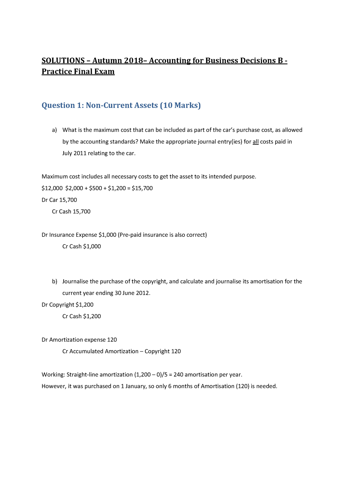 Final Exam 2018, Answers - SOLUTIONS – Autumn 2018– Accounting For ...