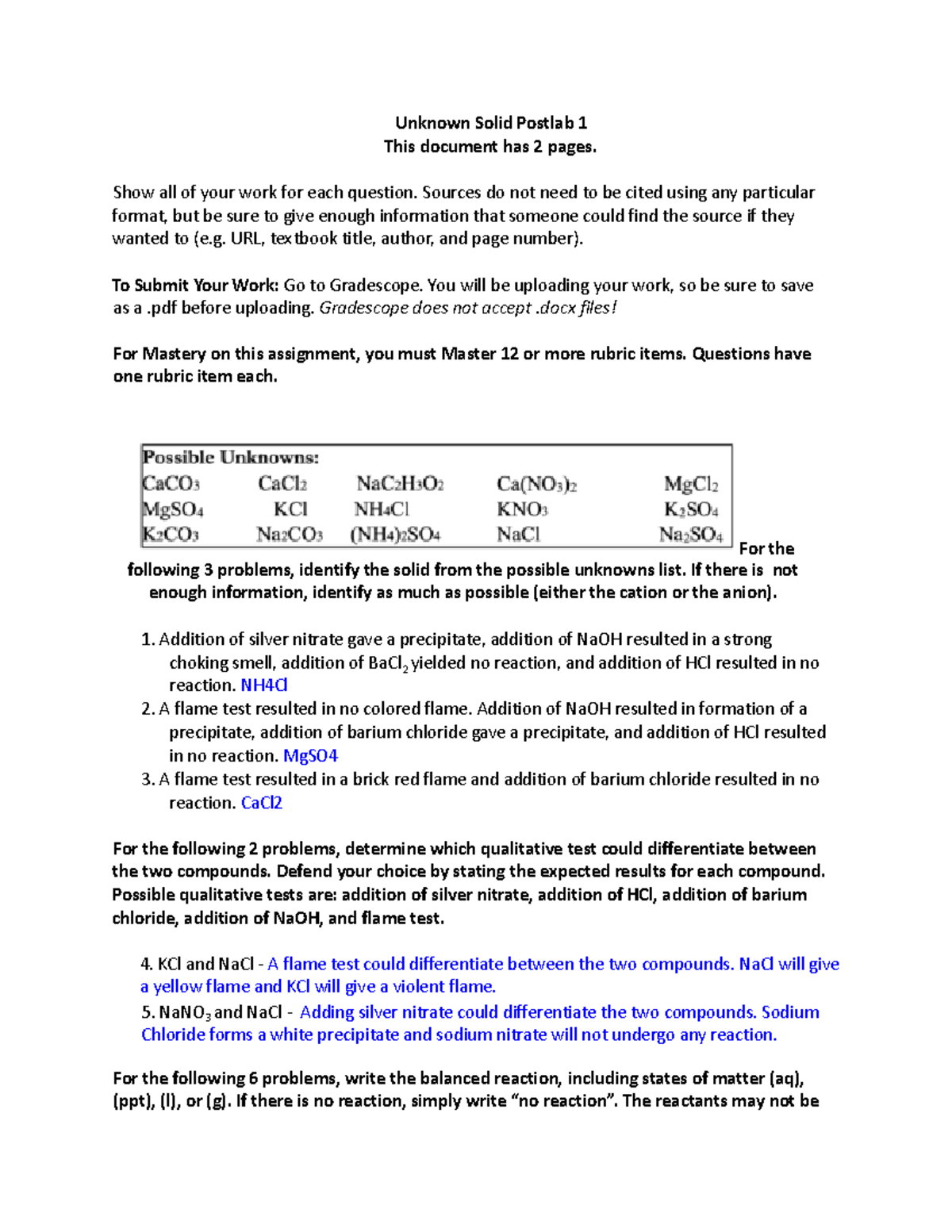 5 Unknown Solid Postlab 1-2 - Unknown Solid Postlab 1 This Document Has 