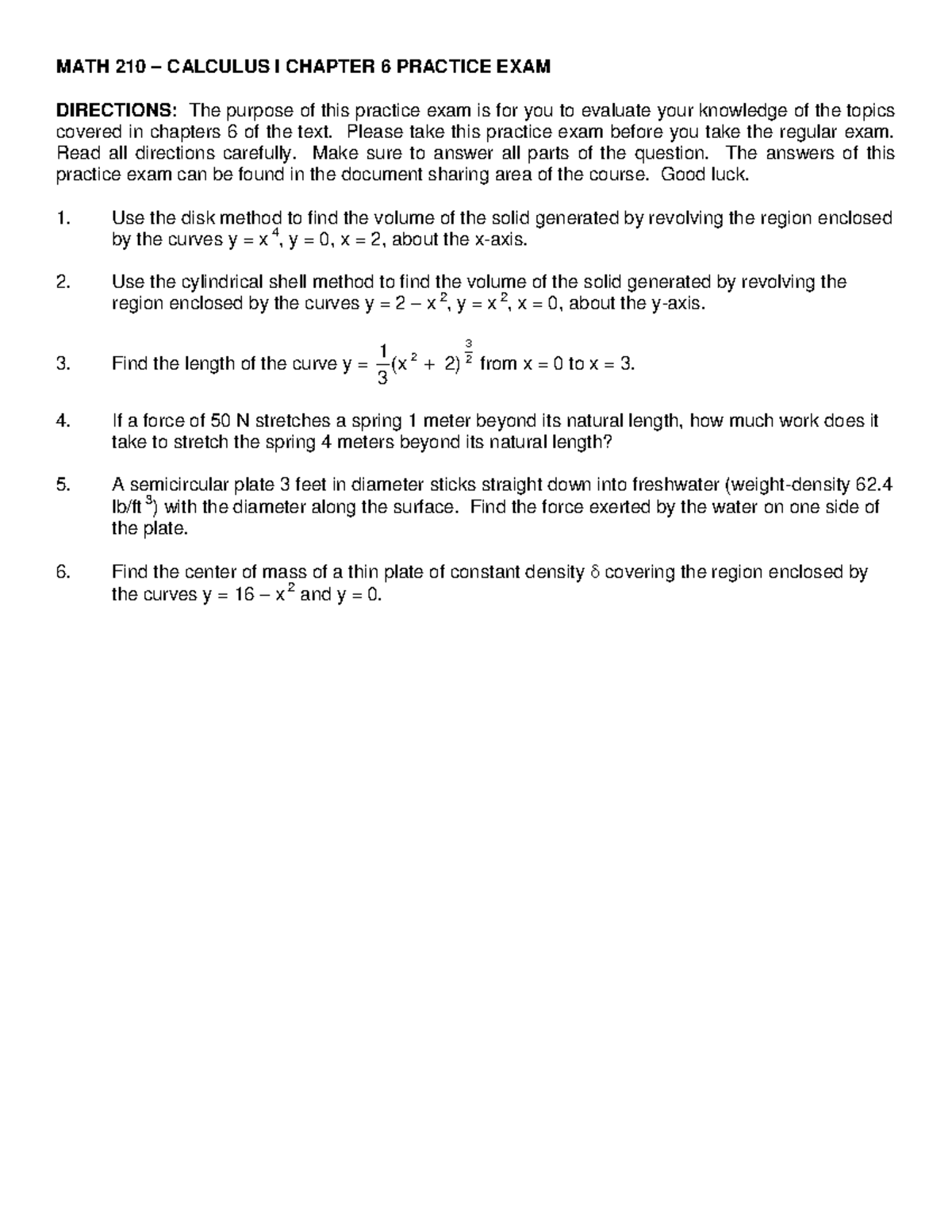 MAT 210 - Calculus I chapter 6 practice exam - MATH 210 – CALCULUS I ...