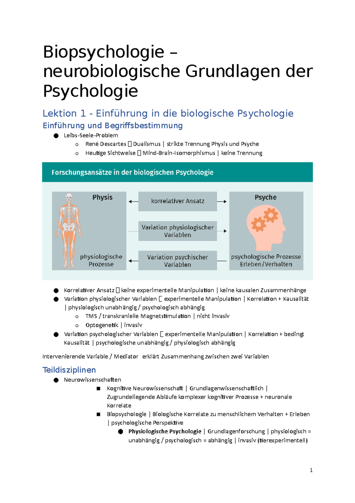 Zusammenfassung Biopsychologie 1 - Biopsychologie – Neurobiologische ...