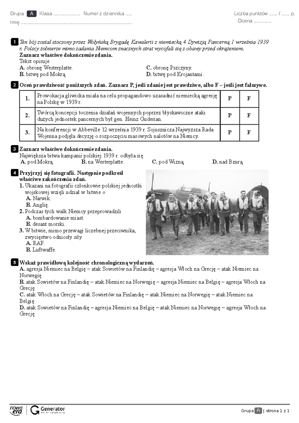 Kartk¢wka, rozdziaˆ I, tematy 1, 2, 3 Test - Grupa A | strona 1 z 1 ...