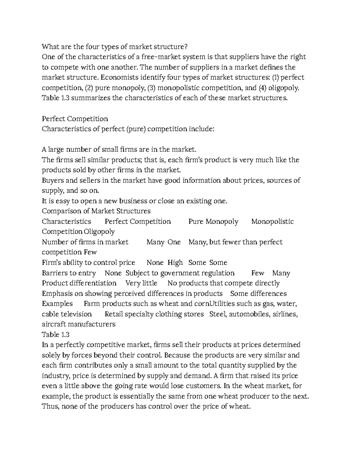 1.7 Competing in a Free Market What are the four types of market