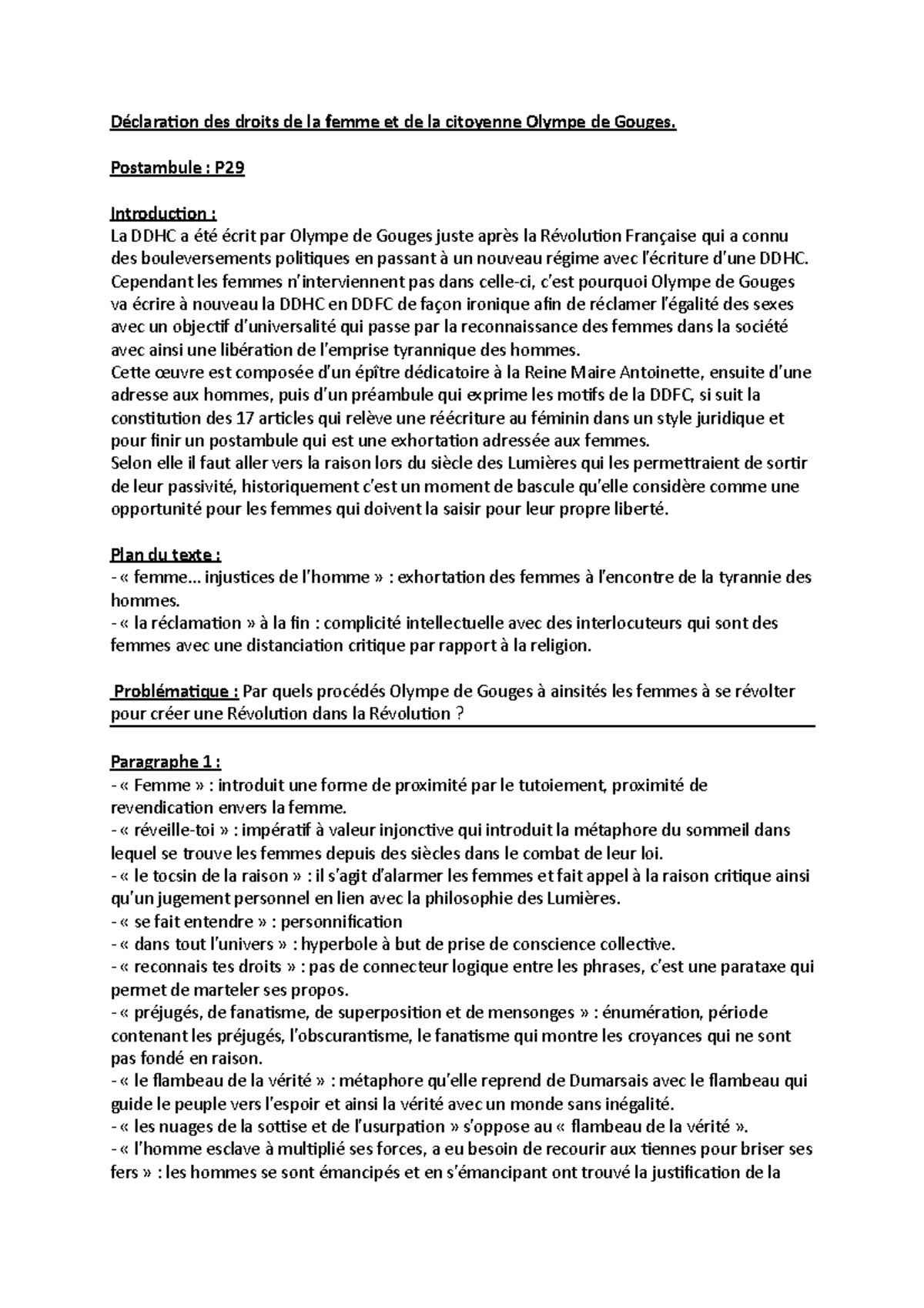 BAC Texte Postambule Olympe de Gouges - Déclaration des droits de la ...