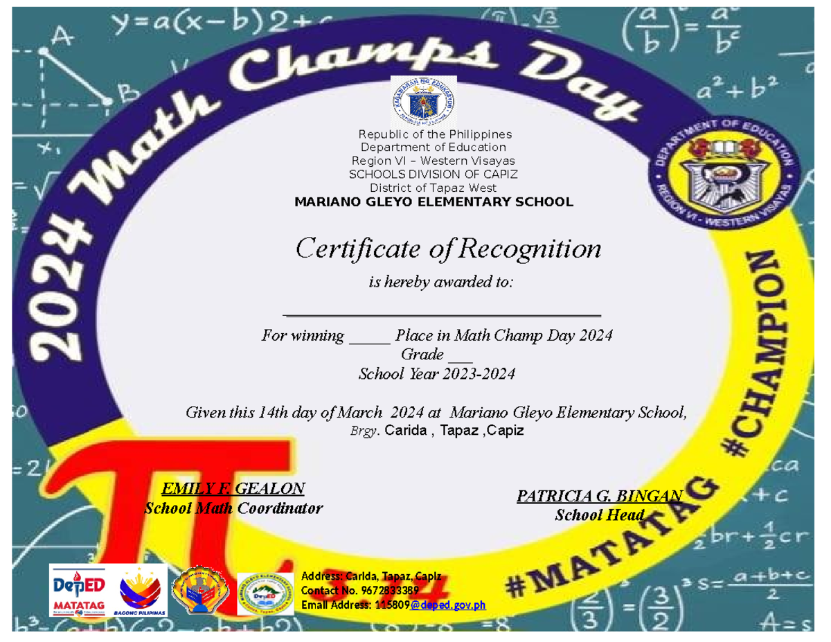 Math champ certificate and tarp - is hereby awarded to: Republic of the ...