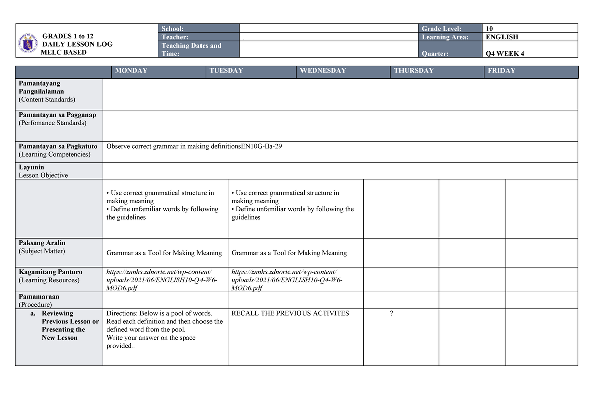 MELC DLL ENG 10 WEEK 4 Q4 DONE - GRADES 1 to 12 DAILY LESSON LOG MELC ...