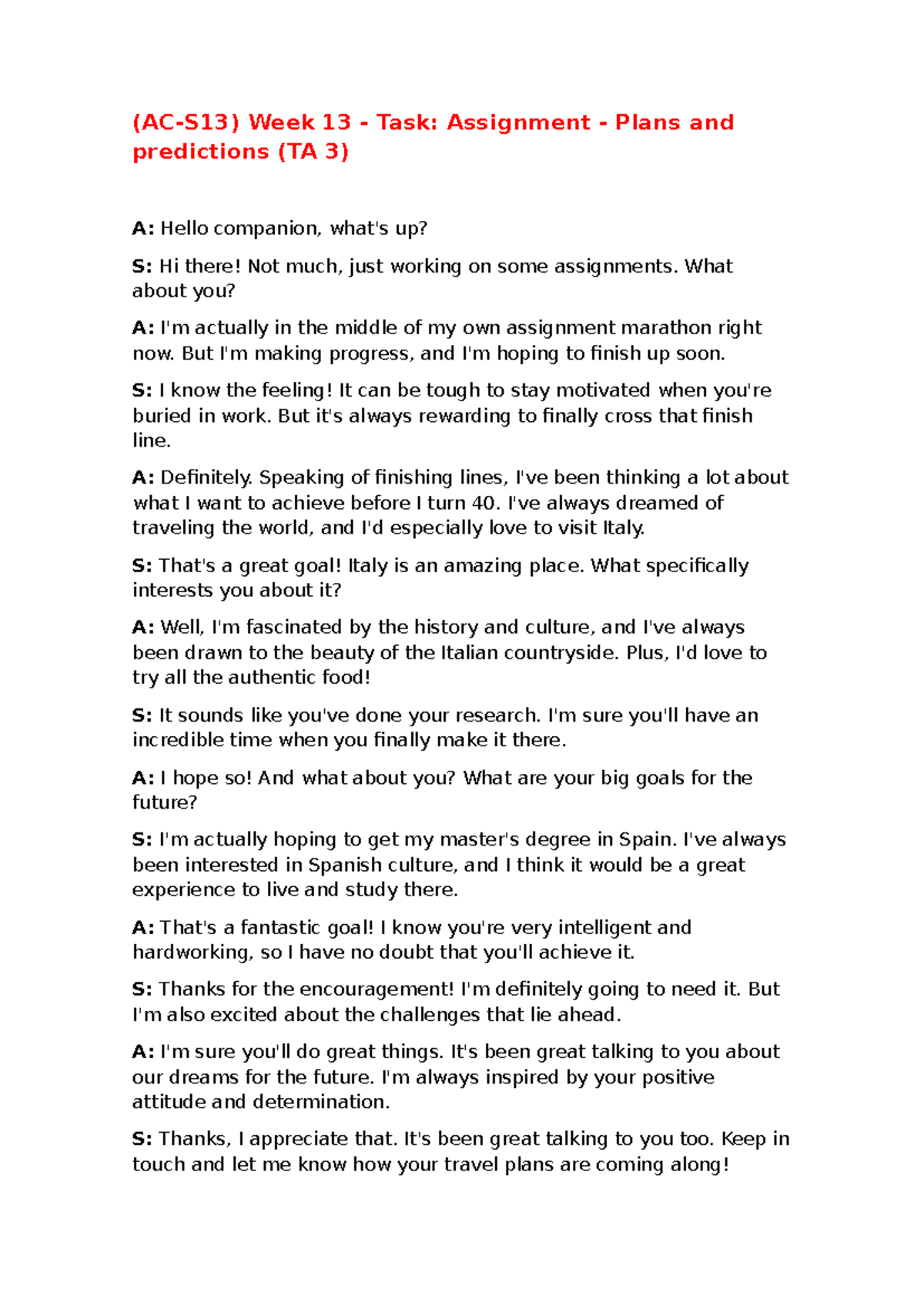 English semana 13 - (AC-S13) Week 13 - Task: Assignment - Plans and ...