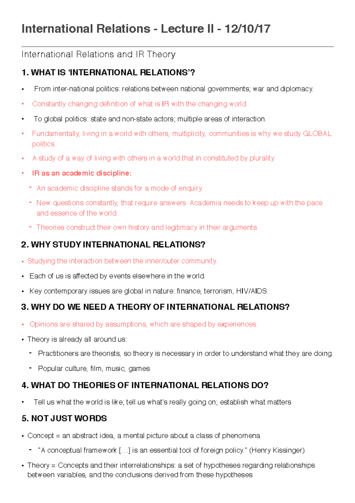 IR Lecture II Thoery - International Relations - Lecture II - 12/10 ...
