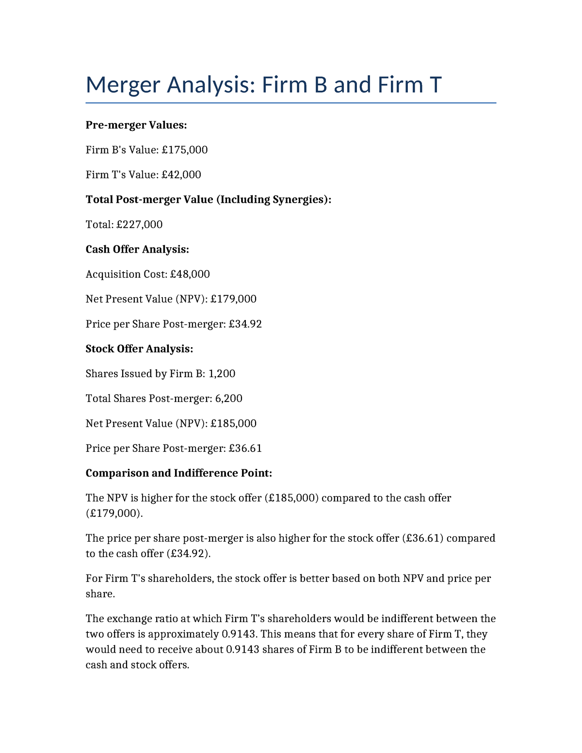 Merger Analysis Firm B And T - Merger Analysis: Firm B And Firm T Pre ...