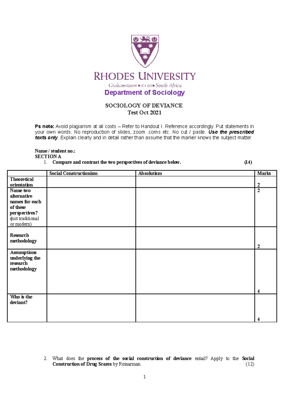 Deviance Test - Department Of Sociology SOCIOLOGY OF DEVIANCE Test Oct ...