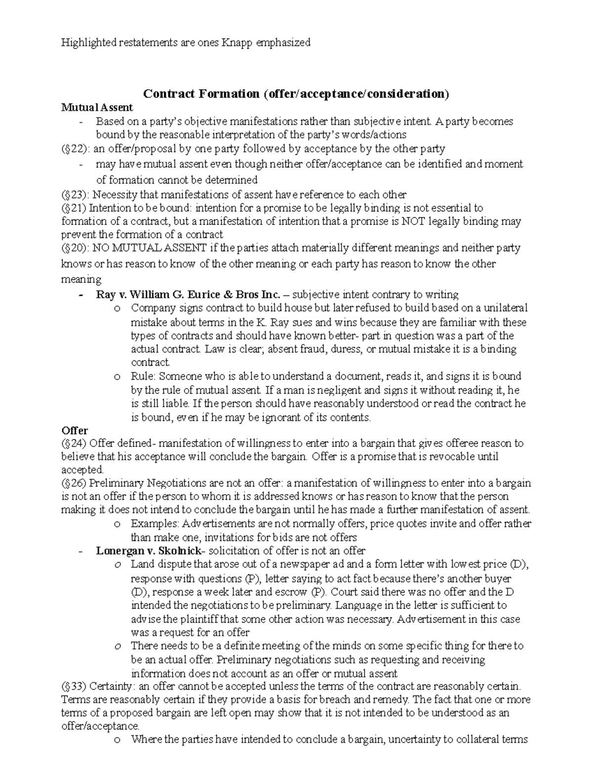 Knapp Contracts Outline (A+ Fall 2019 ) - Contract Formation (offer ...