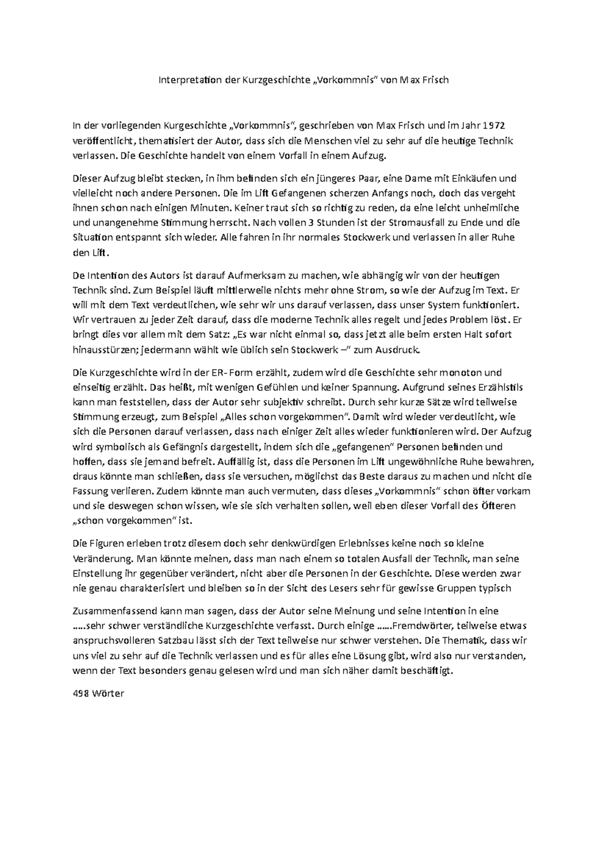 Interpretation Von Kurzgeschichten Beispiele Interpretation der Kurzgeschichte - Die Geschichte handelt von einem