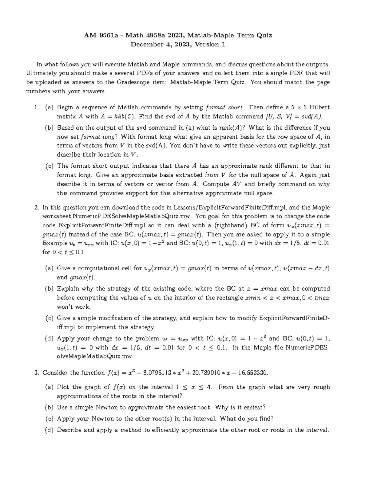 Matlab Maple Quiz AM 9561Math4958 AM 9561a Math 4958a 2023, Matlab